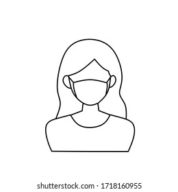 Girl in face mask medical vector icon or woman person wear protective medical mask flat cartoon isolated symbol, line art, flat illustration - Vector