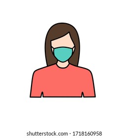 Girl in face mask medical vector icon or woman person wear protective medical mask flat cartoon isolated symbol, line art, flat illustration - Vector