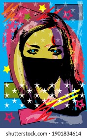 Girl Face With Mask On, Pop Art Background Vector.