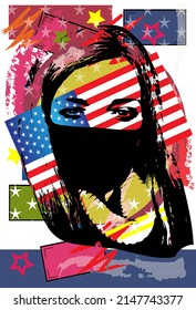 Girl face with mask on and USA  flag, pop art background vector.