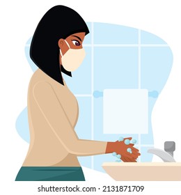 Girl With Face Mask Washing Her Hands Prevention And Selfcare Vector Illustration