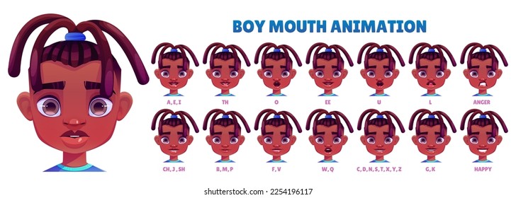 Girl face with mouth movement sync in pronunciation different english phoneme. Animation set of african american kid with happy and anger emotions, vector cartoon illustration