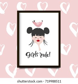 Girl face on white background. Girls rule lettering. Funny poster in black frame. Design element for girl’s room interior. Ink drawn heart background.