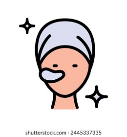 Girl face with patches color icon. Beauty procedure concept, applying cosmetic patches under the eyes sign on white background. Gel patch on face icon simple style. Vector graphics.