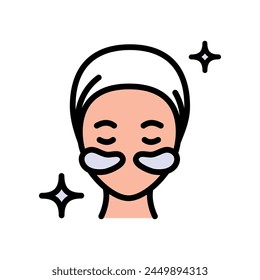 Girl face with patches color icon. Beauty procedure concept, applying cosmetic patches under the eyes sign on white background. Gel patch on face icon simple style. Vector graphics.