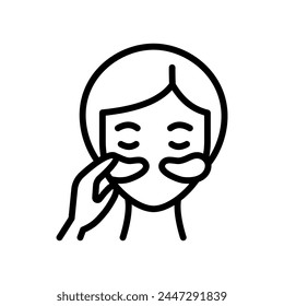 Girl face with patches line icon. Beauty procedure concept, applying cosmetic patches under the eyes sign on white background. Gel patch on face icon outline style. Vector graphics.