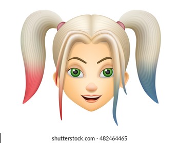 Girl face with pink and blue hair. Vector cartoon characters in 3d puppet style, isolated on white background.