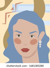 Girl face portrait, blue hair, make up with geometric shapes on background, fashion collage
