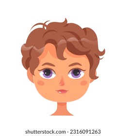 Girl face portrait vector illustration. Cartoon isolated profile avatar with cute female head, brunette with violet eyes and curly androgen hairstyle on short brown hair, pretty teen character