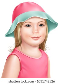 Girl face for the presentation of goods for children. Smiling child in panama hat. 3D realistic isolated vector illustration.