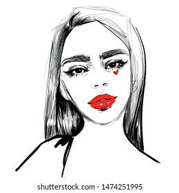 Girl face with red lips black and white fashion illustration. Hand drawn art sketch.