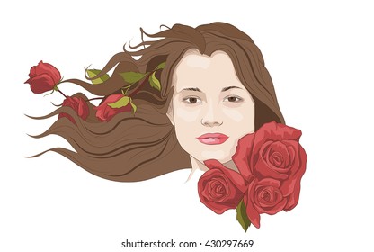 girl face with roses in her hair