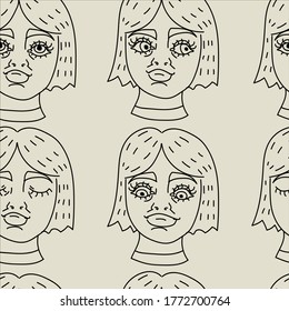 Girl face  seamless pattern. Good for textile, wrapping, wallpapers, etc. Line gray girl face isolated on background. Vector illustration.