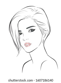 girl face, short hair portrait. isolated on white background. hand drawn vector illustration	
