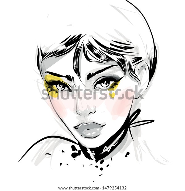 Girl Face Short Hairstyle Beautiful Eyes Stock Vector