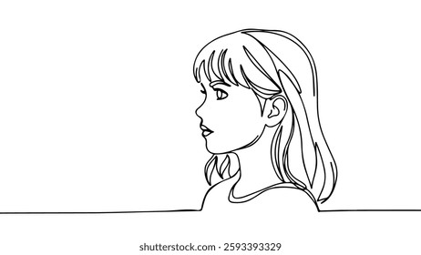 Girl face side view. Beautiful young female portrait. Fashion beauty branding design. One line art smooth curves white background vector illustration