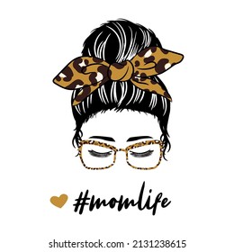 Girl face silhouette with bun hairstyle with leopard bow and glasses