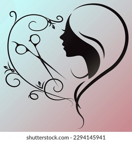 Girl face silhouette and heart pattern with stylist scissors. Design for beauty salon and hair stylist