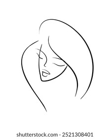 girl face silhouette, thin lines logo. idea - beauty and style. logo on white background for cosmetology. facial features of a young girl