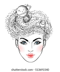 The girl face with the space inside her head. Dotwork tattoo flash design. Female portrait or night goddess with space, stars, moon and Saturn planet. Vector illustration isolated on white.