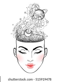 The girl face with the space inside her head. Dotwork tattoo flash design. Female portrait or night goddess with space, stars, moon and planet Saturn. Vector illustration isolated on white.