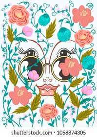 girl face in sunglasses among flowers