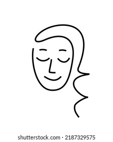 girl face thin line vector logo. beauty salon icon isolate. beautiful hairstyle, look down. head woman