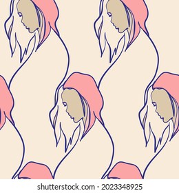 girl face  vector stained glass style seamless art line pattern