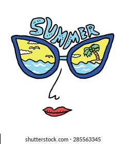 girl face wearing sunglasses with beach reflection
