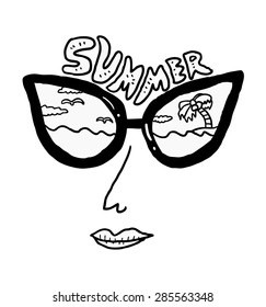 girl face wearing sunglasses with beach reflection