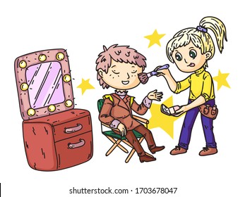 Girl Face-painter Doing Make-up For Boy Actor In Dressing Room. Table, Mirror With Lamp Light Illumination. Children Super Star. Movie Production, Theatre Premier Preparation. Vector Illustration