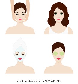 Girl faces, isolated flat design set for spa and beauty salon