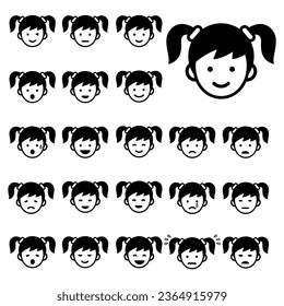 Girl facial expression icon set, vector illustration