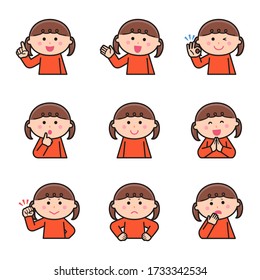 Girl facial expression, upper body illustration set