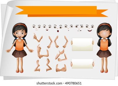 Girl with facial and hand expressions illustration