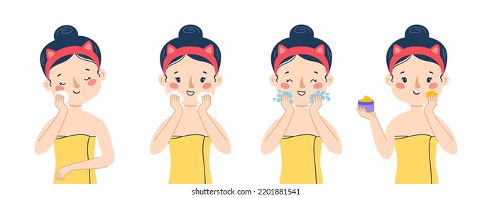 Girl facial skin care. Protecting and using cream. Vector set. Cute woman illustration isolated on white background