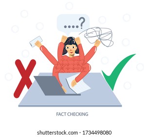 Girl fact-checking information. Multitasking woman. Myths and facts vector illustration. Fake news vs honest data source. Flat vector illustration in cartoon style