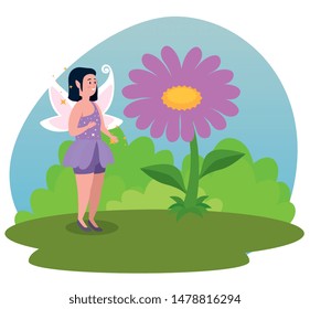 girl fairy with flower and bushes plants