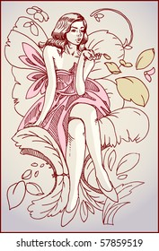 girl (fairy) sitting on a flower, fantasy art, hand drawn