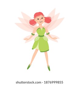 Girl Fairy with Wings, Cute Winged Elf Princesses in Green Dress Cartoon Style Vector Illustration