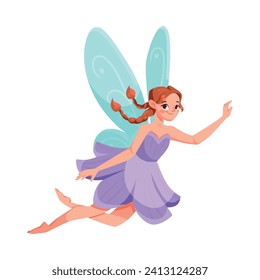 Niña con alas volando como buena ilustración vectorial de cuento de hadas