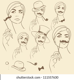 Girl With Fake Mustache, Hand Drawn Moustache Set, Sketch