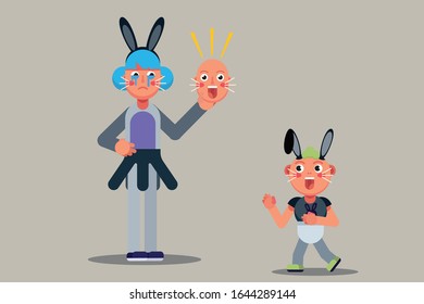 A girl faking his sadness using a rabbit costume, sad character Easter day theme. Simple vector illustration, this illustration can use as a sticker also. 
