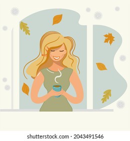 A girl in the fall during the coronavirus period at her window. Cute woman is drinking coffee, looking at falling autumn leaves and enjoying life. Vector cartoon illustration for postcards, print, web
