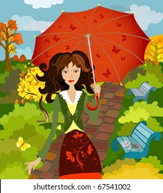 girl fall under the umbrella