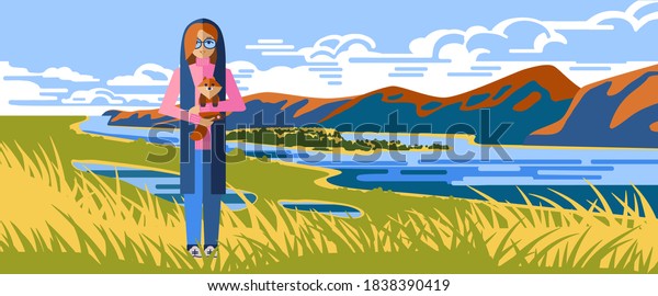 秋の女の子が犬と一緒に風景の背景に歩く ベクターフラットイラスト のベクター画像素材 ロイヤリティフリー