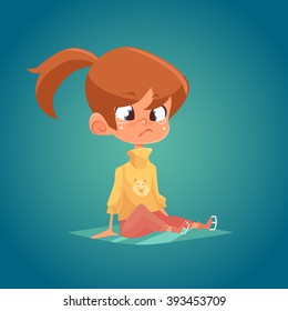 Girl falling after skating on ice. Crying kid cute cartoon character vector illustration