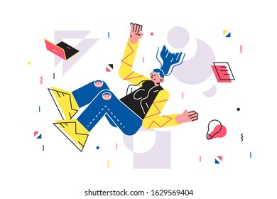 Girl Falling Down With Laptop File And Light Bulb Vector Illustration. Person Silhouette In Accident Cartoon Design. Failure And Bad Luck And Misfortune Concept