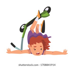Girl Falling off Kick Scooter, Eco Transport for Children, Summer Outdoor Activity Cartoon Vector Illustration