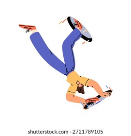 A garota está caindo de cabeça para baixo de um buraco para outro. A jovem está voando através de portais mágicos. Uma pessoa vem pulando do lado de fora do teletransporte. Ilustração de vetor isolado plano sobre fundo branco